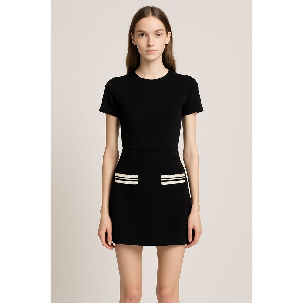 Black Knit Mini Skirt XS Women Viscose Blend Stretch White Trim Pockets Chic